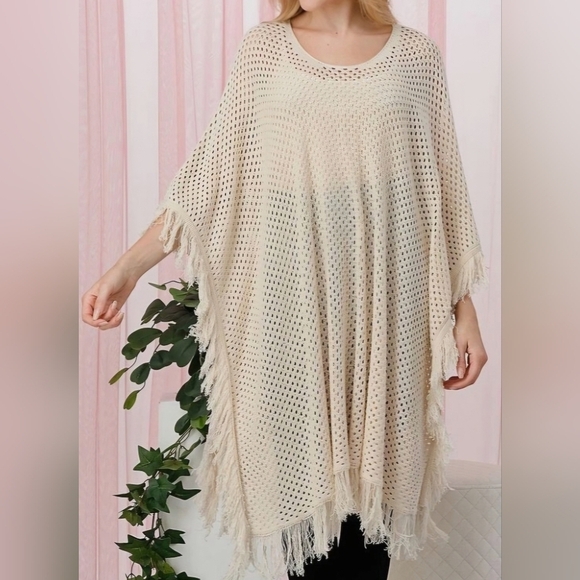 Fiore Sweaters - Fiore Knit Fringe Poncho Cream Oversized
